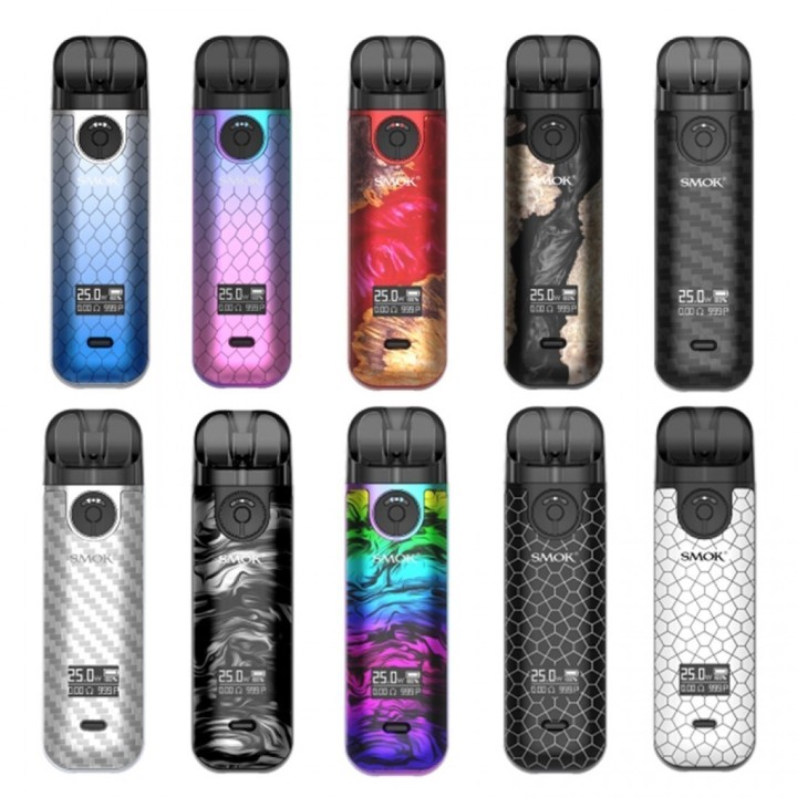 Smok NOVO 4 Pod Mod çeşitleri, renkli ve desenli gövde seçenekleri.