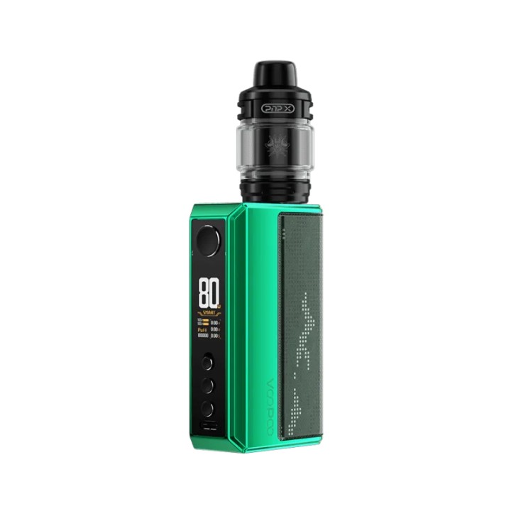 Voopoo Drag 5 Pod Mod yeşil, şık ve dijital ekranlı elektronik sigara.