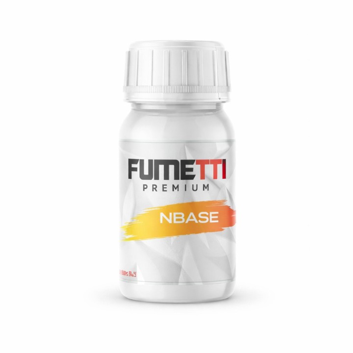 Fumetti Premium Nbase 18Mg nikotinli likit baz şişesi beyaz zemin ön planda.