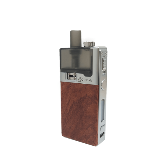 Lost Vape Orion 2 Pod Mod, ahşap kaplama, gümüş gövde, elektronik sigara.