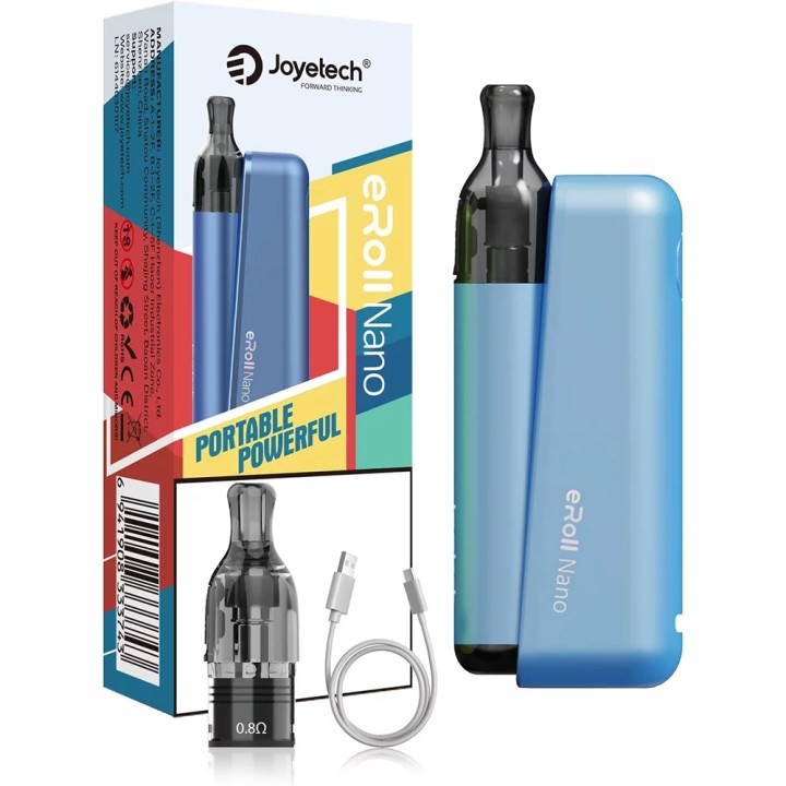 Joyetech eRoll Nano Pod Mod Mavi, taşınabilir elektronik sigara kiti kutusu.