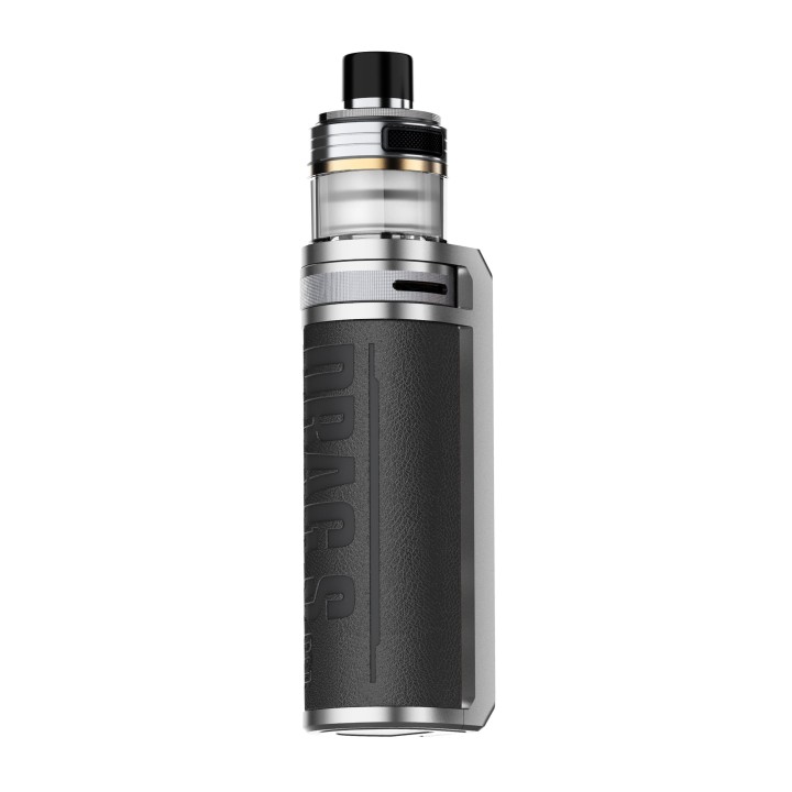 Voopoo Drag S Pro Pod Mod, gümüş ve siyah renkli, deri kaplamalı.