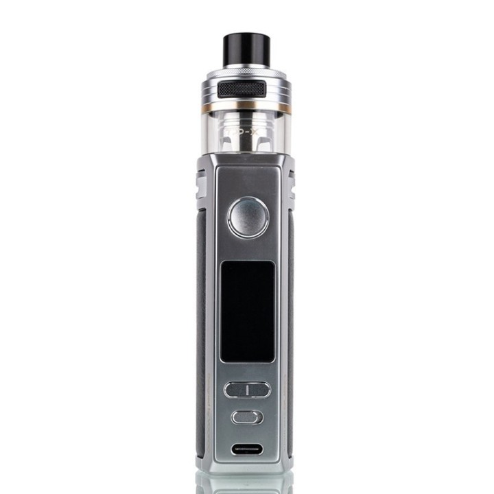 Voopoo Drag S Pro Pod Mod gümüş gri renkli, şık dijital ekranlı elektronik sigara.